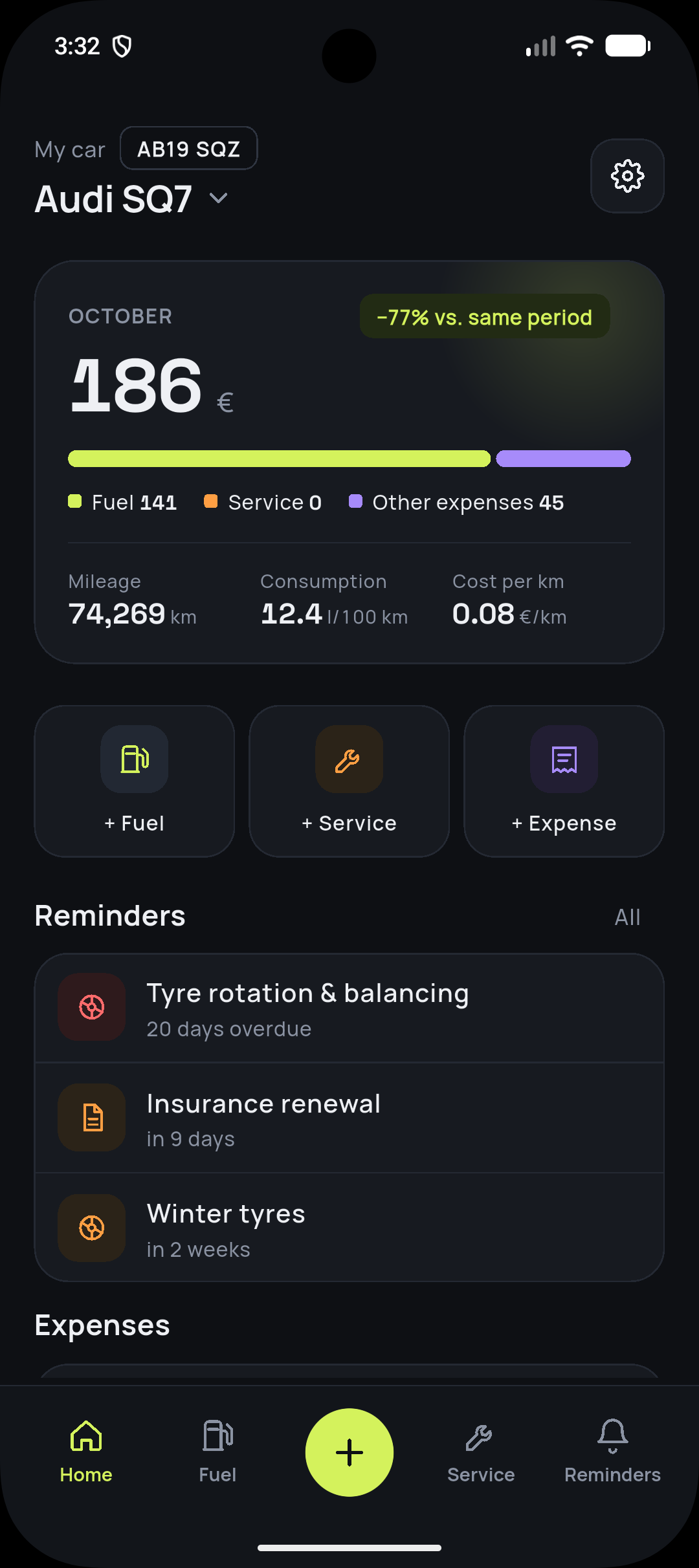 ClutchKO home screen with monthly costs and reminders