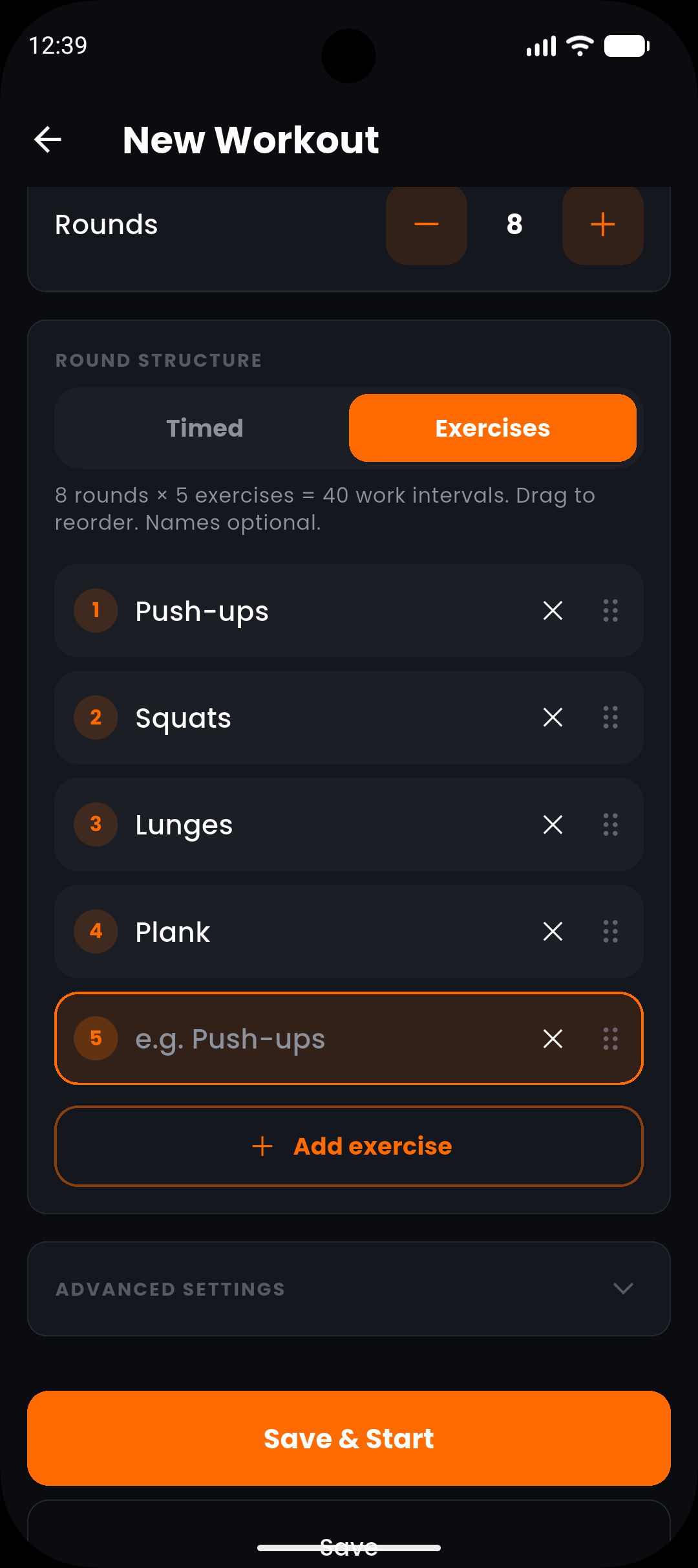 HIITKO new workout with an exercise list