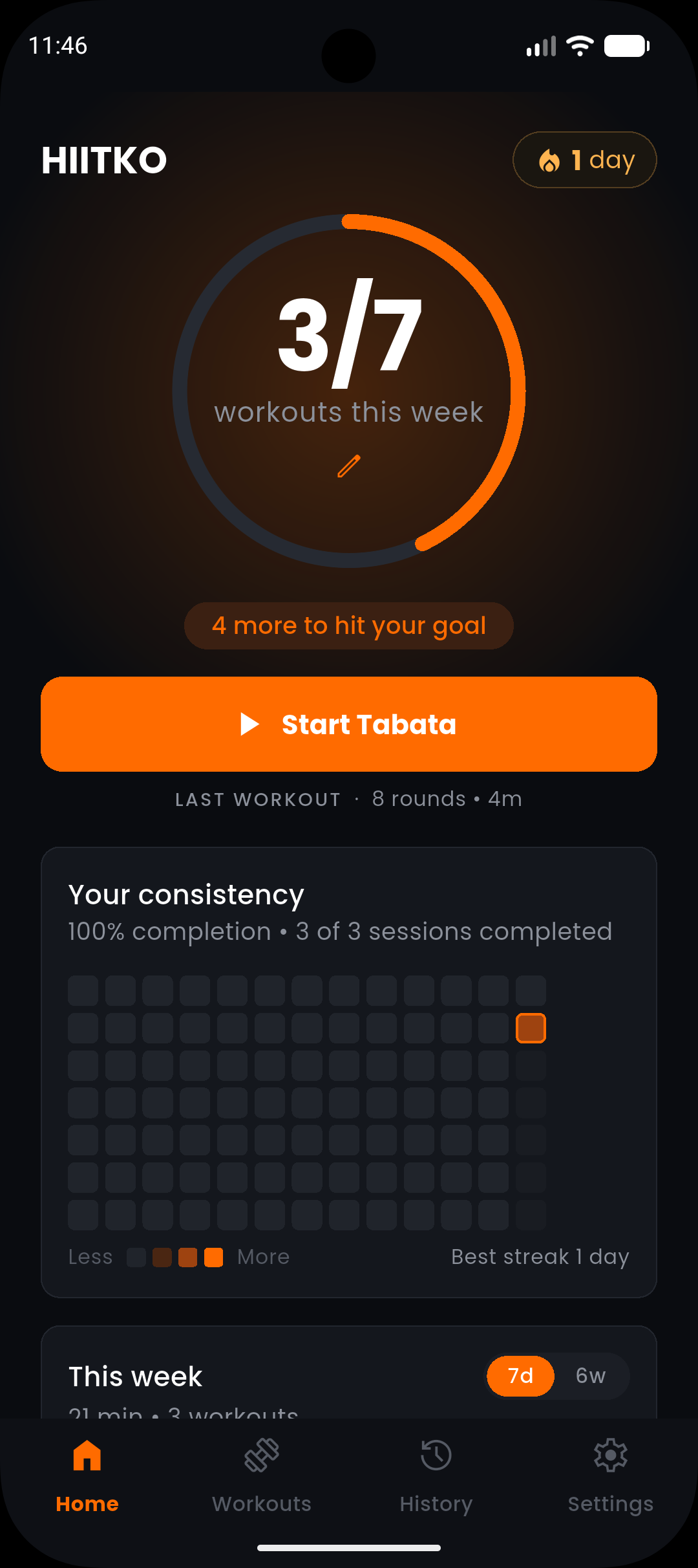 HIITKO home screen with weekly goal and streak